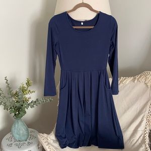 Navy Pleated Dress with Pockets